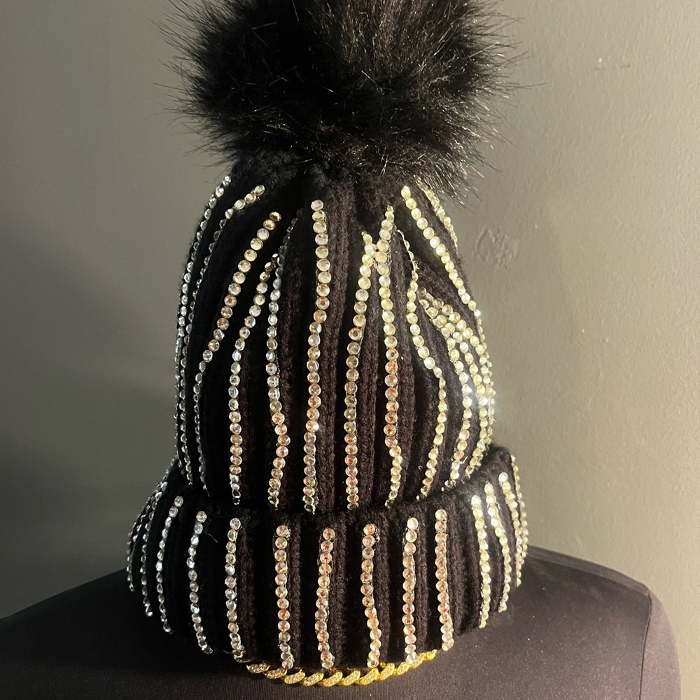 Black and Rhinestone Beanie with Pom Pom